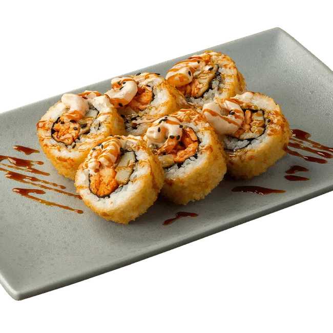 Тёплый ролл с креветками в сливочном соусе