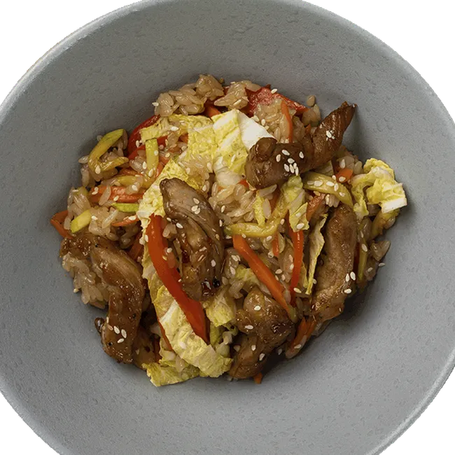 Рис со свининой, овощами и соусом терияки